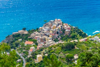 View of the village from the trail towards Manarola, Corniglia, Cinque Terre, Italy