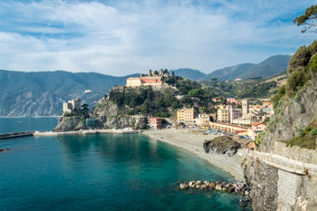 View from the Blue Trail on the village and the Capuchin Monastery in the winter, Monterosso, Cinque Terre, Italy