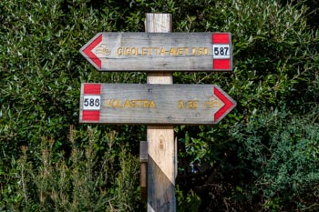 Il cartello al crocevia di sentieri vicino a Corniglia, Cinque Terre, Italia